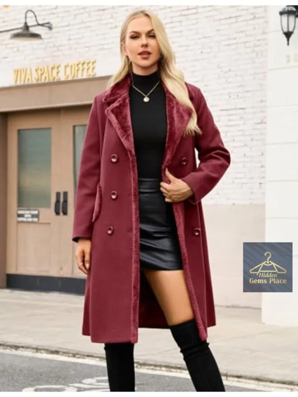 Women's Faux Fur Notched Lapel Double-Breasted Pea Coat Winter